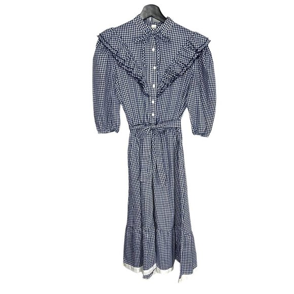 Vintage 70s Blue White Countrycore Gingham Button Up Midi Dress Medium